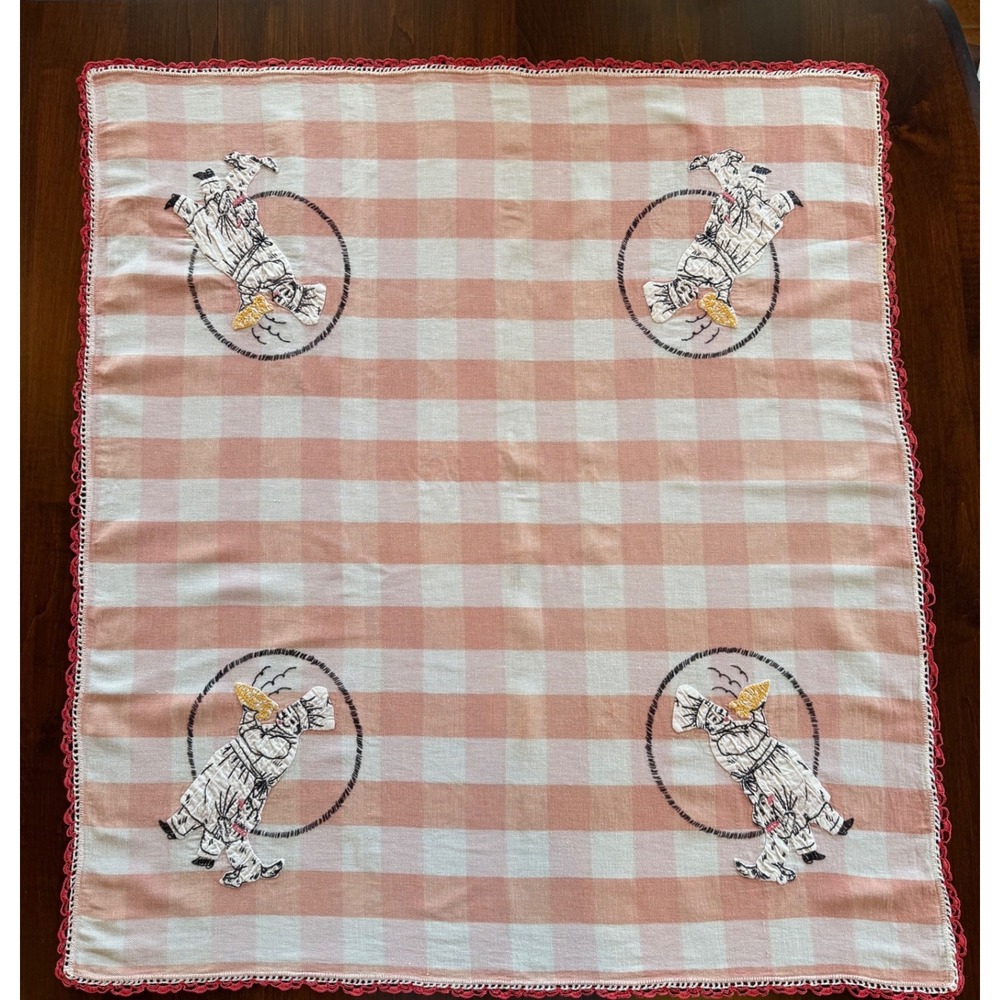 Vintage Bucilla Embroidered Chef Dog Tablecloth Applique Gingham Pink 1950's